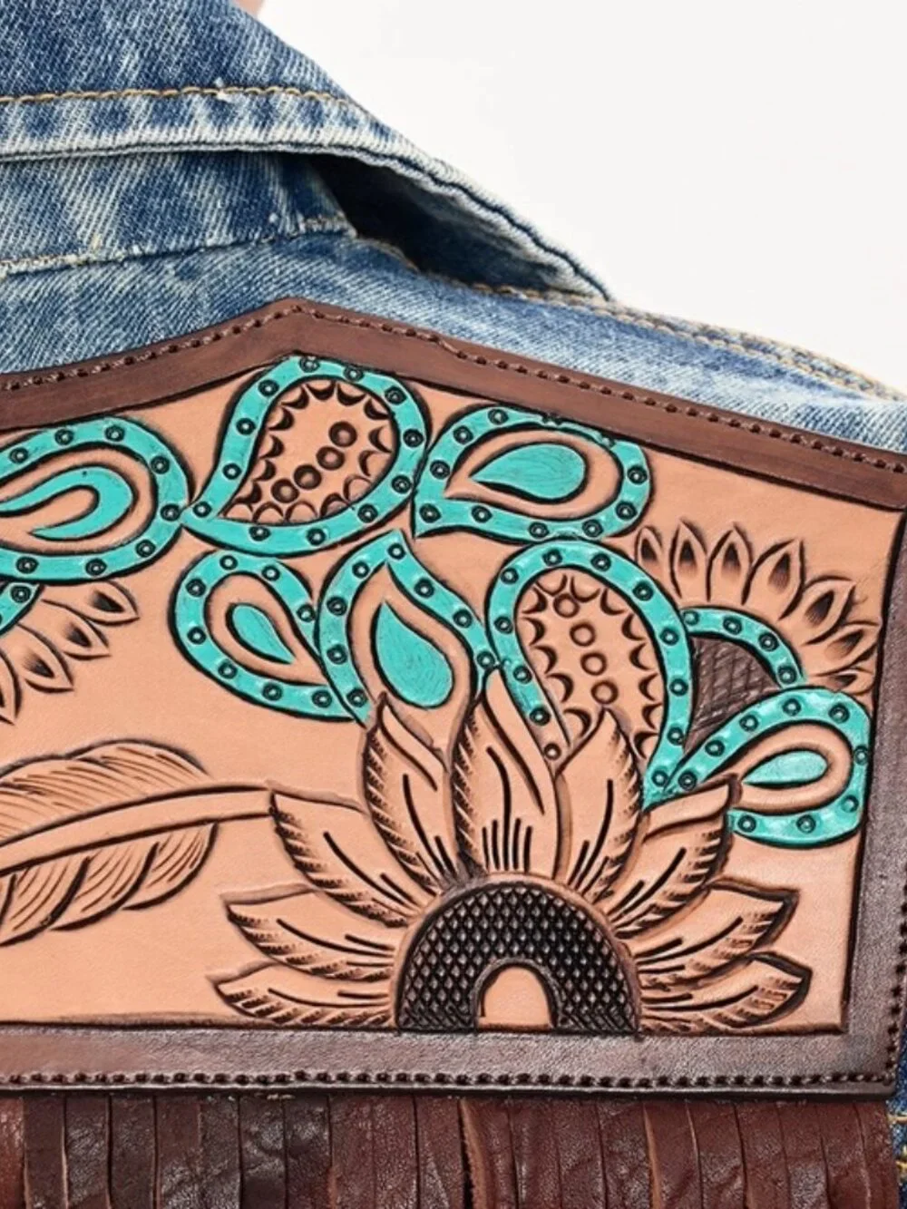 Western Denim Jacket with Tooled Sunflower Yoke & Turquoise Feather Fringe large - Picture 5 of 5